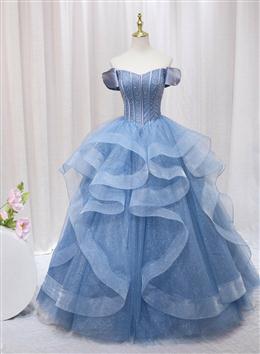 Picture of Blue Beaded Off Shoulder Tulle Long Formal Dresses, Blue Evening Dresses Prom Dresses